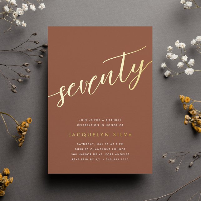 Golden Script 70th Birthday Party Foil Invitation (Creator Uploaded)
