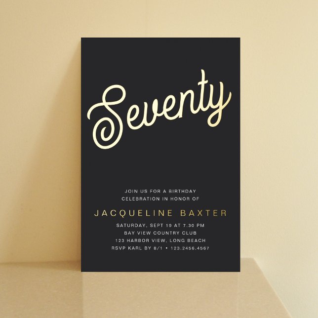 Golden Script 70th Birthday Party Foil Invitation (Creator Uploaded)