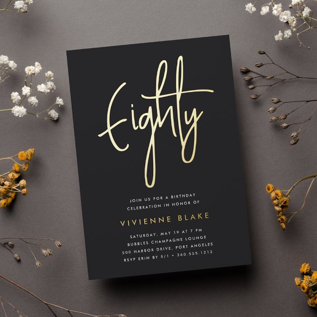 Golden Script 80th Birthday Party Foil Invitation (Creator Uploaded)