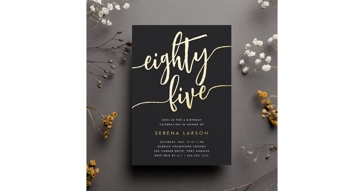 Golden Script 85th Birthday Party Foil Invitation | Zazzle