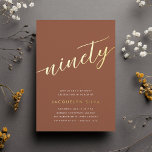 Golden Script 90th Birthday Party Foil Invitation<br><div class="desc">Celebrate her milestone birthday with these chic 90th birthday party invitations featuring "ninety" in modern gold foil hand sketched script lettering. Personalize with your party details beneath. A unforgettable,  luxe choice for fabulous 90th birthday celebrations.</div>