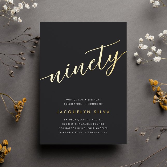 Golden Script 90th Birthday Party Foil Invitation (Creator Uploaded)
