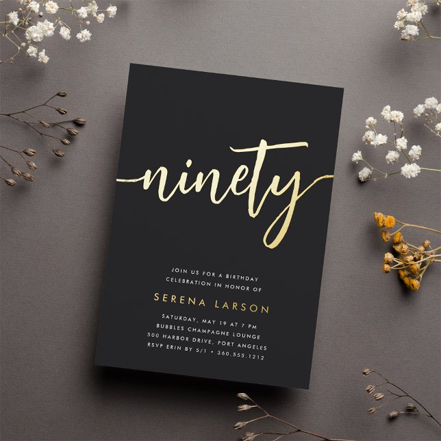 Golden Script 90th Birthday Party Foil Invitation (Creator Uploaded)