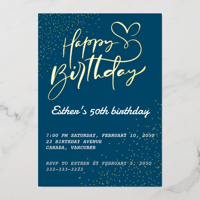 Golden Script Birthday Party Foil Invitation (Front)
