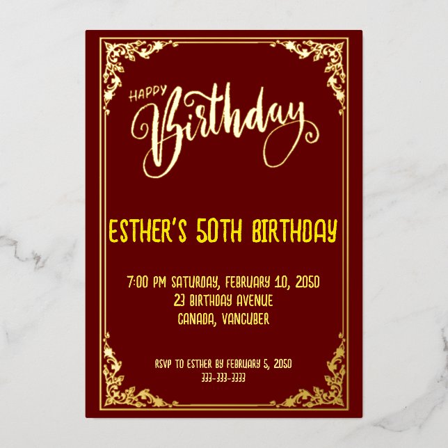 Golden Script Birthday Party Foil Invitation (Front)