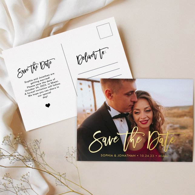 Golden Script | Elegant Modern Photo Save the Date Foil Invitation Postcard