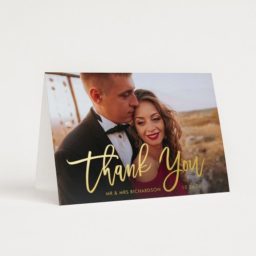 Golden Script  Elegant Wedding Photo Thank You Foil Greeting Card