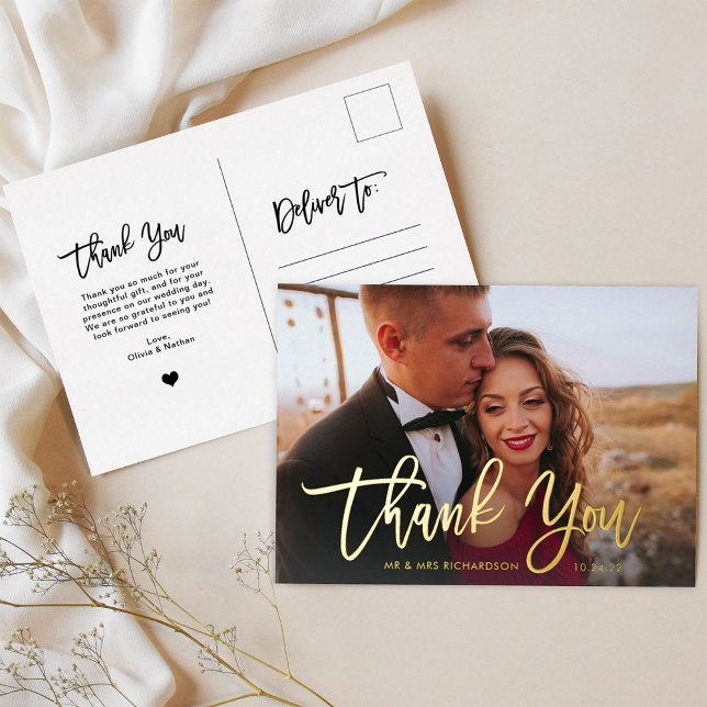 Golden Script | Elegant Wedding Photo Thank You Foil Invitation Postcard (Creator Uploaded)