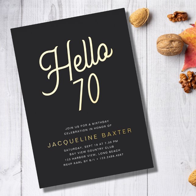 Golden Script Hello 70 70th Birthday Party Foil Invitation (Creator Uploaded)