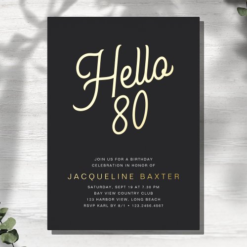 Golden Script Hello 80 80th Birthday Party Foil Invitation