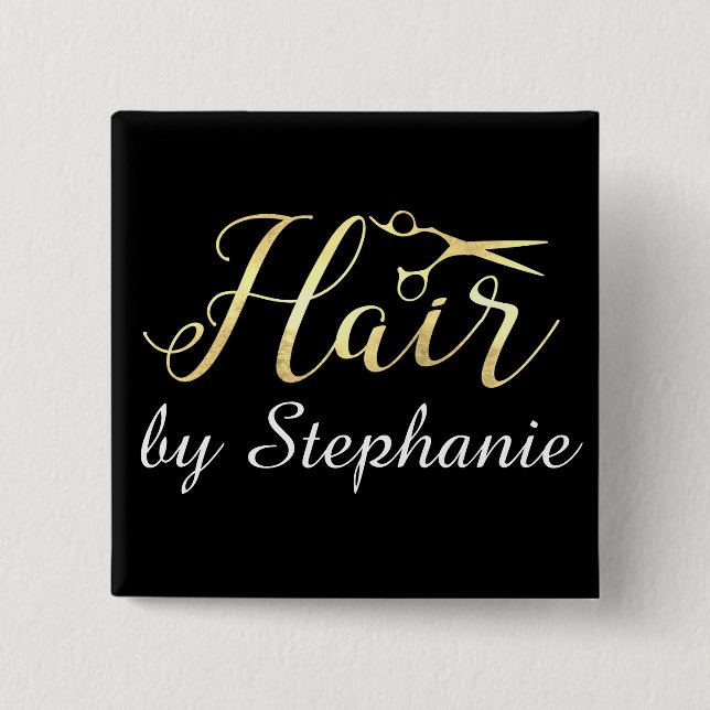 Golden Script Scissors Hairstylist Hair Salon Button (Front)
