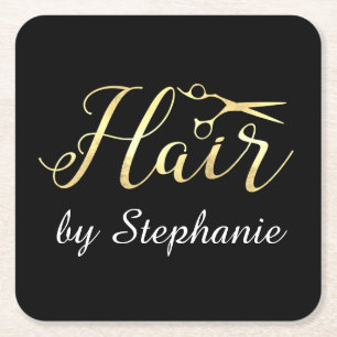 Golden Script Scissors Hairstylist Hair Salon Square Paper Coaster