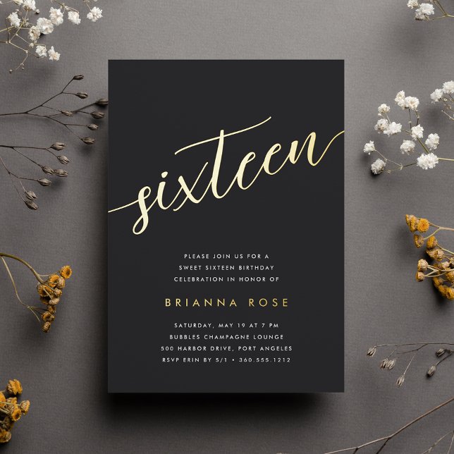 Golden Script Sweet 16 Birthday Party Foil Invitation (Creator Uploaded)