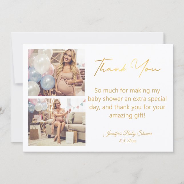 golden script thank you baby shower 2 photos  note card (Front)