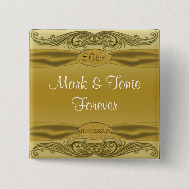 Golden Scrolls 50th Wedding Anniversary Pinback Button (Front)