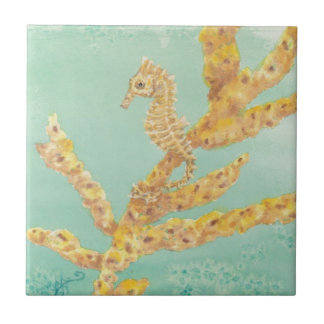 Golden Sea Horse in an aqua ocean Tile