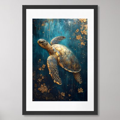 Golden Sea Turtle in Ornate Ocean Design Framed Art