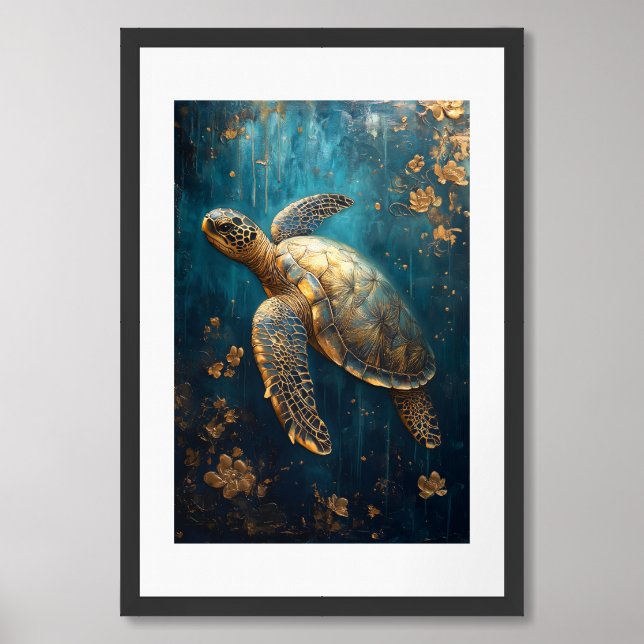Golden Sea Turtle in Ornate Ocean Design Framed Art (Framed Front)