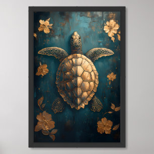 Golden Sea Turtle with Floral Elegance Painting Framed Art