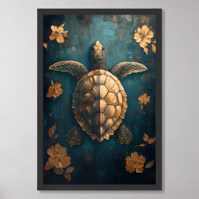 Golden Sea Turtle with Floral Elegance Painting Framed Art (Framed Front)