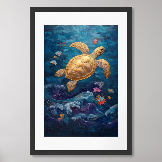 Golden Sea Turtle with Floral Ocean Vibes Painting Framed Art (Framed Front)