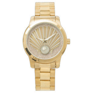 Golden Seashell & Pearl Gold Faux Glitter Watch