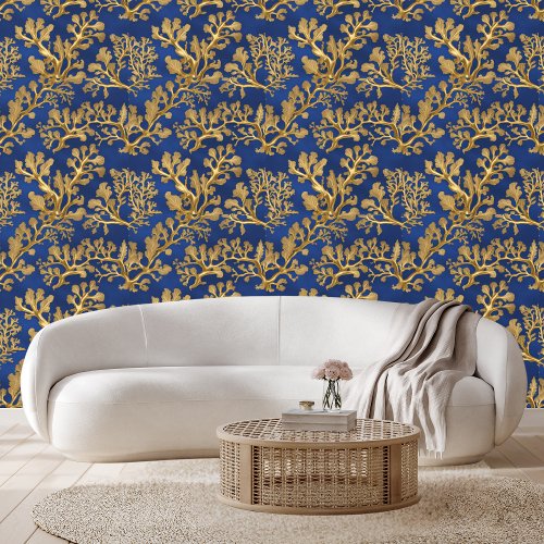 Golden Seaweed Against Deep Blue Peel Stick Wallpaper