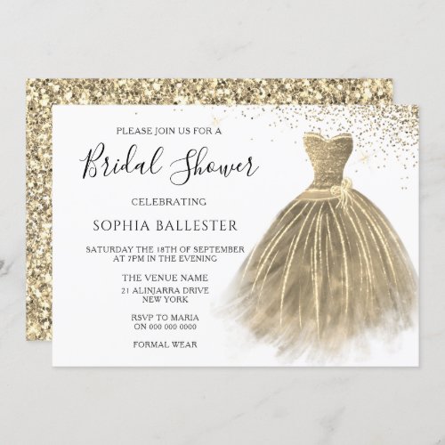 Golden Sepia Gold Glitter Gown Dress Bridal Shower Invitation