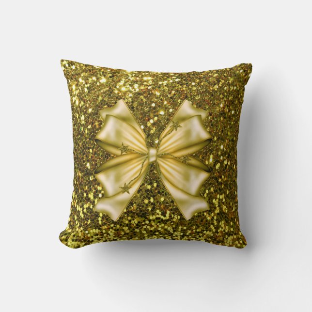 Golden Sequins with Bow Throw Pillow (Front)