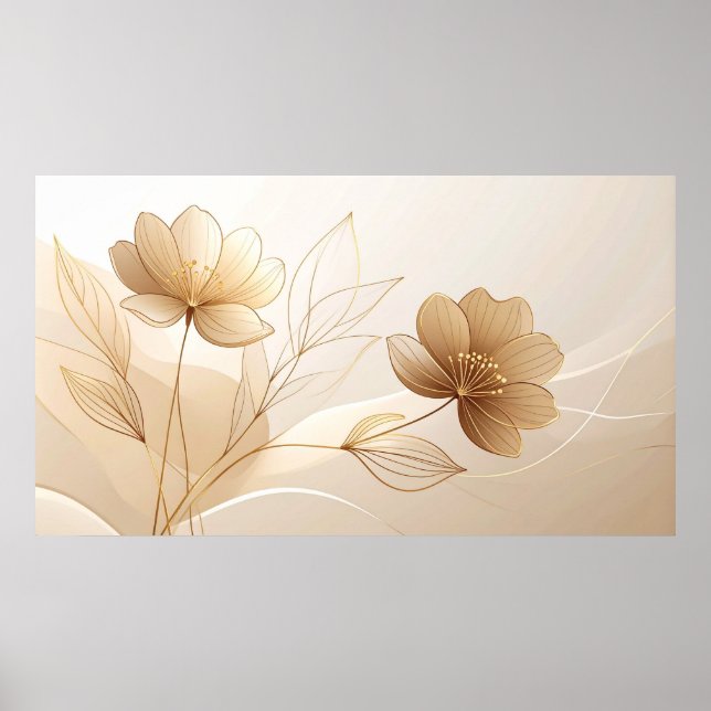 Golden Serenity: Minimalist Floral Line Art in Cha Poster (Front)