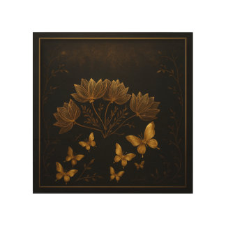 Golden Serenity – Modern Lotus & Butterflies Wall  Wood Wall Art