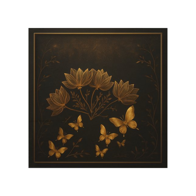 Golden Serenity – Modern Lotus & Butterflies Wall  Wood Wall Art (Front)