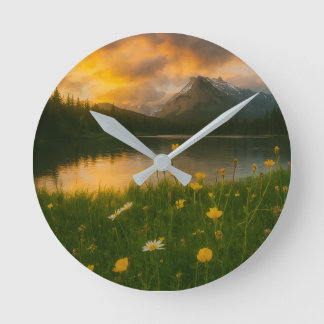 Golden Serenity: Mountain Lake Round Clock