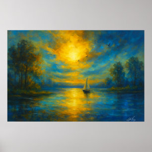 Golden Serenity Sunset Sailboat on Tranquil Lake Poster