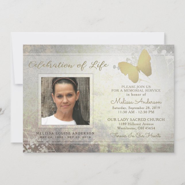 Golden Shimmer Butterfly Memorial Service Invite (Front)