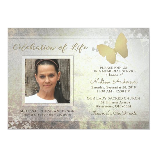 golden shimmer butterfly memorial service invite zazzle com