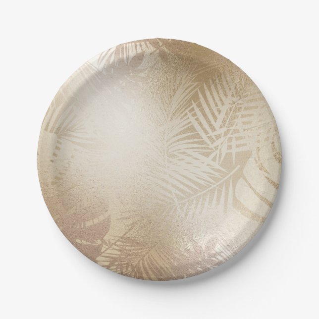 Golden Shine Botanical Tropical Palm Tree Leaves Paper Plates (Front)
