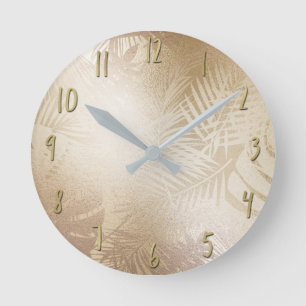 Golden Shine Botanical Tropical Palm Tree Leaves Round Clock