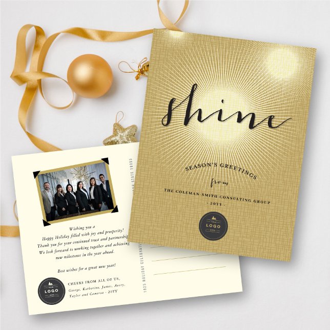 Golden Shine Bright Your Own Logo Modern Business Holiday Postcard (Creator Uploaded)