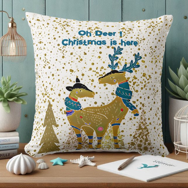Golden Shine Christmas Trees Reindeer Couple Baby Throw Pillow (Golden Shine Christmas Trees Reindeer Couple Baby Throw Pillow)