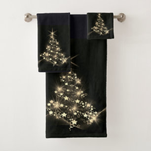 Golden Shine of Stars on Christmas Tree Dark Bath Towel Set