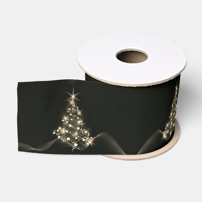 Golden Shine of Stars on Christmas Tree Dark  Grosgrain Ribbon (Spool)