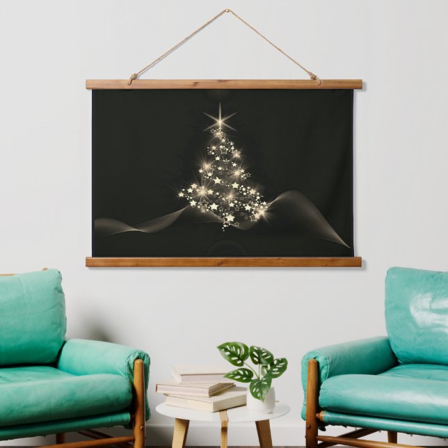 Golden Shine of Stars on Christmas Tree Dark  Hanging Tapestry (Living Room)