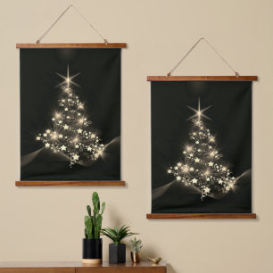 Golden Shine of Stars on Christmas Tree Dark Hanging Tapestry