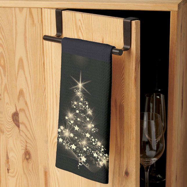 Golden Shine of Stars on Christmas Tree Dark  Kitchen Towel (Thirds Fold)
