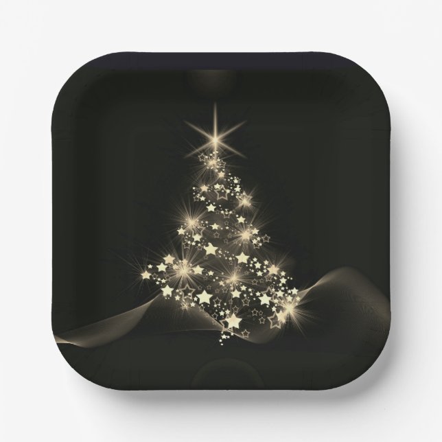 Golden Shine of Stars on Christmas Tree Dark  Paper Plates (Front)