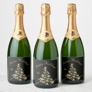 Golden Shine of Stars on Christmas Tree Dark Sparkling Wine Label
