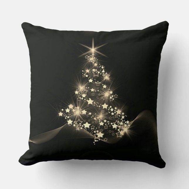 Golden Shine of Stars on Christmas Tree Dark  Throw Pillow (Front)