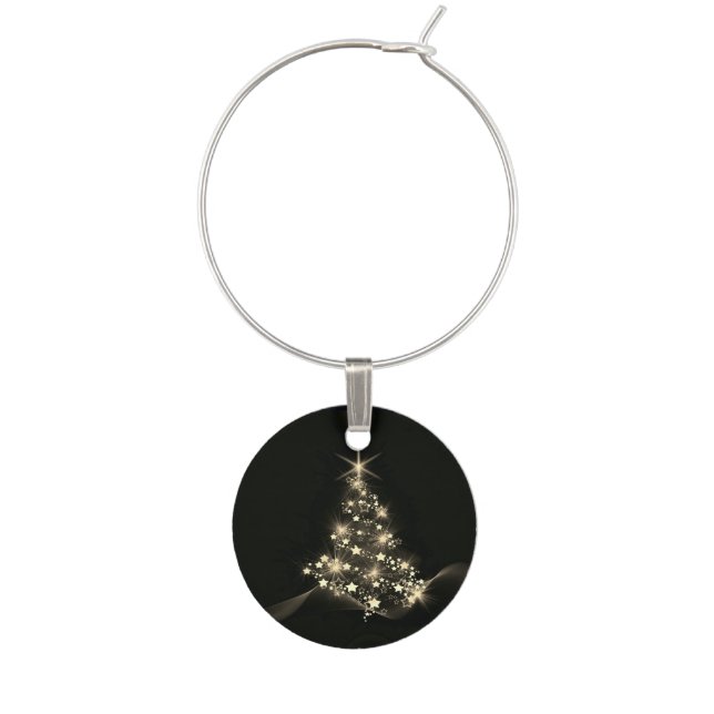 Golden Shine of Stars on Christmas Tree Dark  Wine Charm (Front)