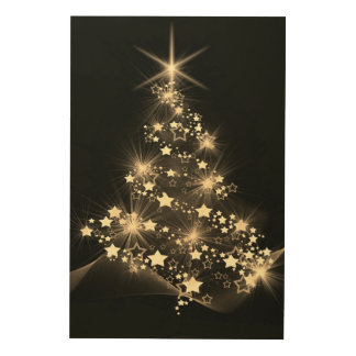 Golden Shine of Stars on Christmas Tree Dark Wood Wall Art